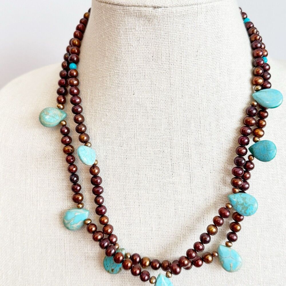 Turquoise Teardrop Bronze Pearl Double Strand Necklace Sterling Silver Bohemian